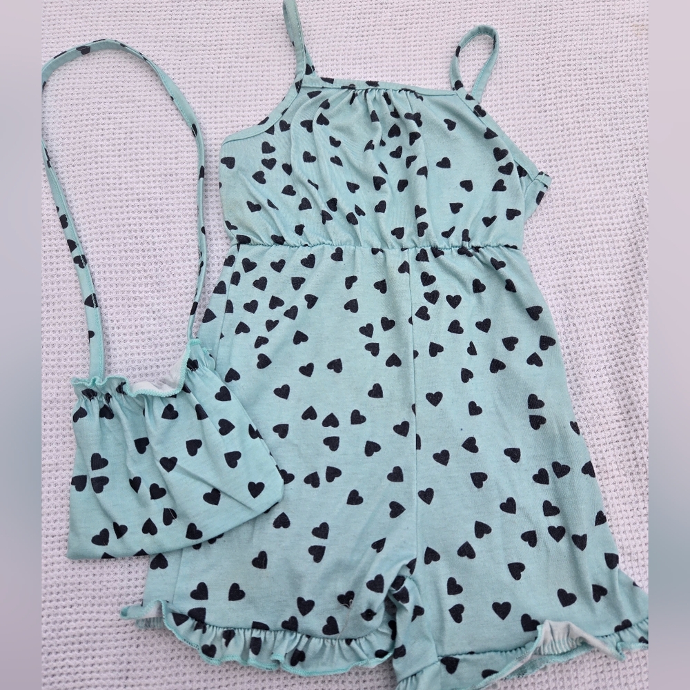 Mint Heart Print Romper with Matching Crossbody Bag